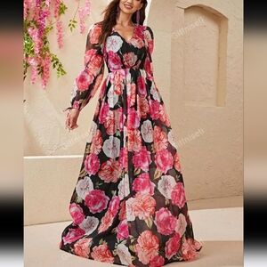 Giffniseti Plus Floral Print Ruffle Trim Chiffon Dress